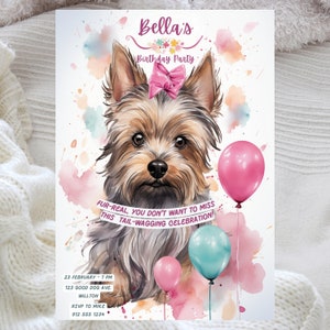 Schattige Silky Terriër verjaardag uitnodigen, aquarel hond verjaardagskaart, hond verjaardagsuitnodiging, honden verjaardag Pawty, Instant Canva downloaden