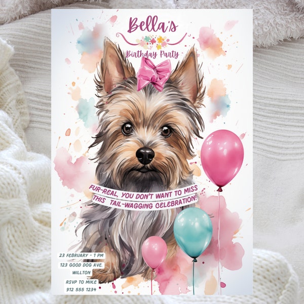 Cute Silky Terrier Birthday Invite, Watercolor Dog Birthday Card, Dog Birthday Invitation, Canine Birthday Pawty, Instant Canva Download