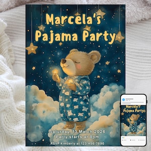 May include: An invitation for Marcela's Pajama Party. The illustration features a bear in blue pajamas holding a candle, set against a night sky with stars and clouds. The invitation includes the date, time, and RSVP information.