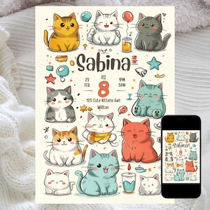 Faire-part d'anniversaire modifiable chaton, invitation de fête chaton purrfect, anniversaire sur le thème des animaux de compagnie mignon, modèle de téléchargement numérique instantané pour les enfants