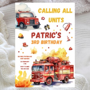 Invito di compleanno del camion dei pompieri, invito di compleanno modificabile per veicoli di emergenza, modello modificabile dell'autopompa dei vigili del fuoco, festa di compleanno del pompiere