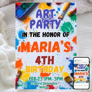 Convite para festa de arte, celebração de aniversário de pintura infantil, modelo digital editável, tema de festa criativo e divertido, convite para download instantâneo