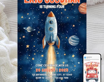Convite de aniversário de foguete: festa espacial em aquarela (modelo editável)