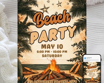 Tropical Bonfire Beach Party Invitation: Editable Surfboard Template (Digital)