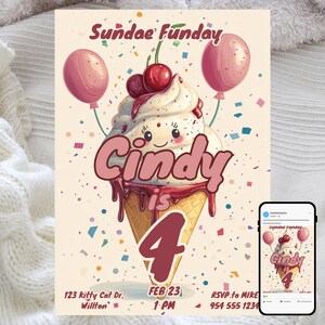 Sonntag Funday, Eis-Party Einladung, Kinder-Geburtstagsfeier, bearbeitbare digitale Vorlage, süße und lustige Feier, Eis-Themendesign
