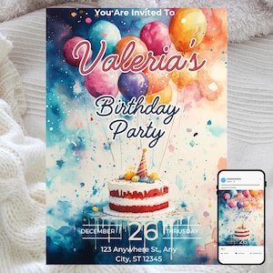 Geburtstagstorte Einladung, bearbeitbare Party Vorlage, Aquarell Ballon und Kuchen Design, bunte Feier Karte, Instant Download