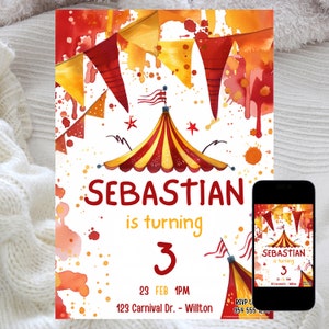 Bewerkbare carnaval verjaardag uitnodigingskaart, Circus Bday uitnodigen, carnaval verjaardagsfeestje, Kids uitnodiging, afdrukbare kaart, digitale uitnodiging