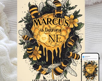 Bees Honeycomb First Birthday Invitation, Editable Template (Digital Download)