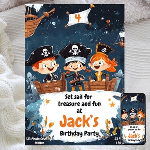 Convite de aniversário pirata editável, convite para festa Ahoy Matey, aventura de caça ao tesouro pirata, festa pirata infantil, modelo digital