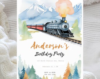 Watercolor Train Birthday Party Invite: Chugga Choo-Choo Template (Canva Instant Download)