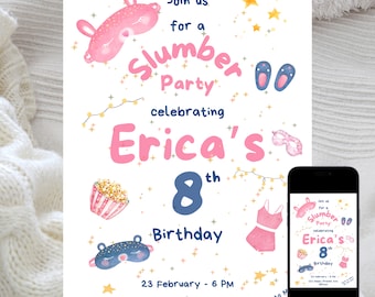 Invitación editable para fiesta de pijamas: Fiesta de pijamas rosa (descarga digital)