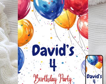 Bewerkbare ballonverjaardagsuitnodiging: sjabloon kinderfeestje (digitale download)