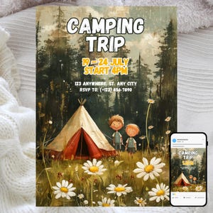 Convite para acampamento, modelo editável para aventura na natureza, design de tenda em aquarela para floresta, cartão para festa de acampamento infantil ao ar livre