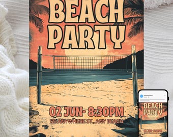 Uitnodiging beachvolleybal: thema retro zonsondergang (bewerkbare sjabloon)
