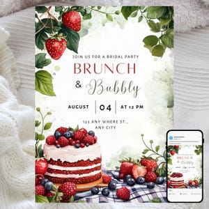 Zaproszenie na wieczór panieński, Brunch i motyw szampana, Garden Berry Design, Edytowalny szablon, Letnia impreza, Rustykalne eleganckie zaproszenie