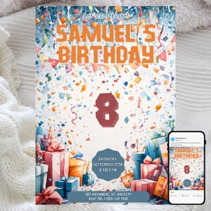 Convite de aniversário com confete, modelo de festa editável, design de caixas de presente e serpentinas em aquarela, celebração divertida para crianças
