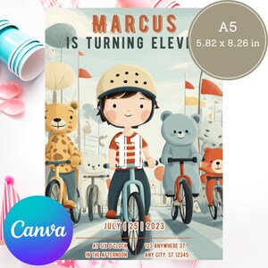 May include: A5 birthday invitation with the text "MARCUS IS TURNING ELEVEN". The illustration features a boy on a bicycle with teddy bear friends. The date is July 25, 2023. The invitation measures 5.82 x 8.26 inches.