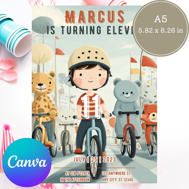 May include: A5 birthday invitation with the text "MARCUS IS TURNING ELEVEN". The illustration features a boy on a bicycle with teddy bear friends. The date is July 25, 2023. The invitation measures 5.82 x 8.26 inches.