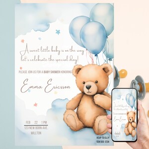 Editable Teddy Bear Baby Shower Shower Invitation, Cute Bear with Balloons Design, Instant Download, Customizable Baby Shower Digital Invite