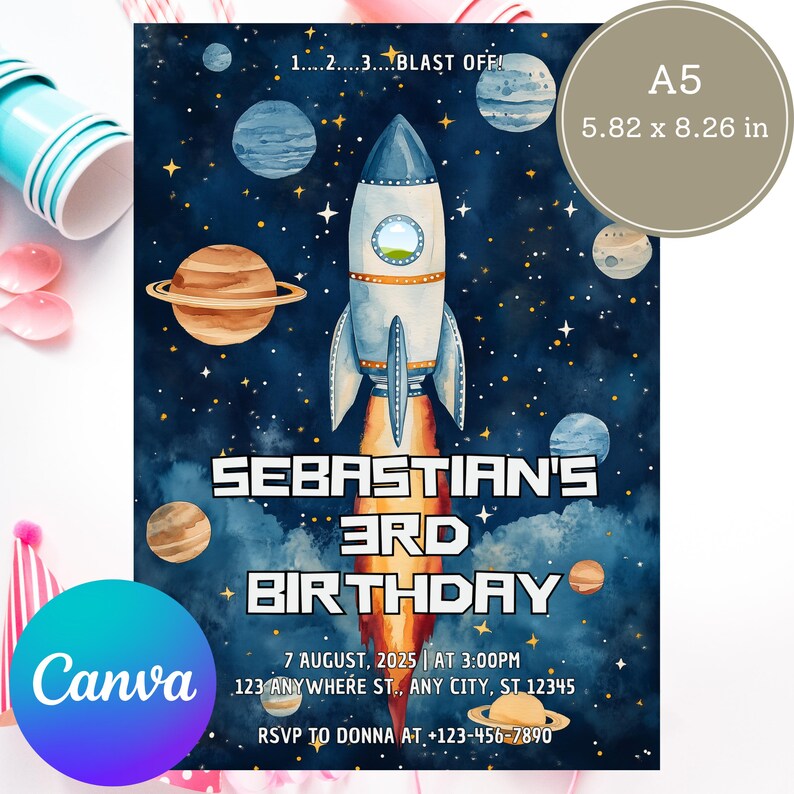 Rocket Inviation Rocket Birthday Invitation: Watercolor Galaxy Space Party (editable ...