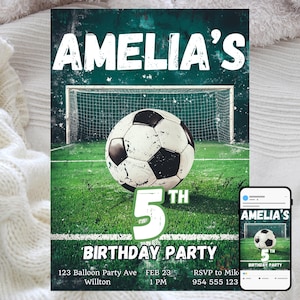 Convite de aniversário de futebol, festa infantil, modelo digital editável, tema divertido de futebol, convite para download instantâneo