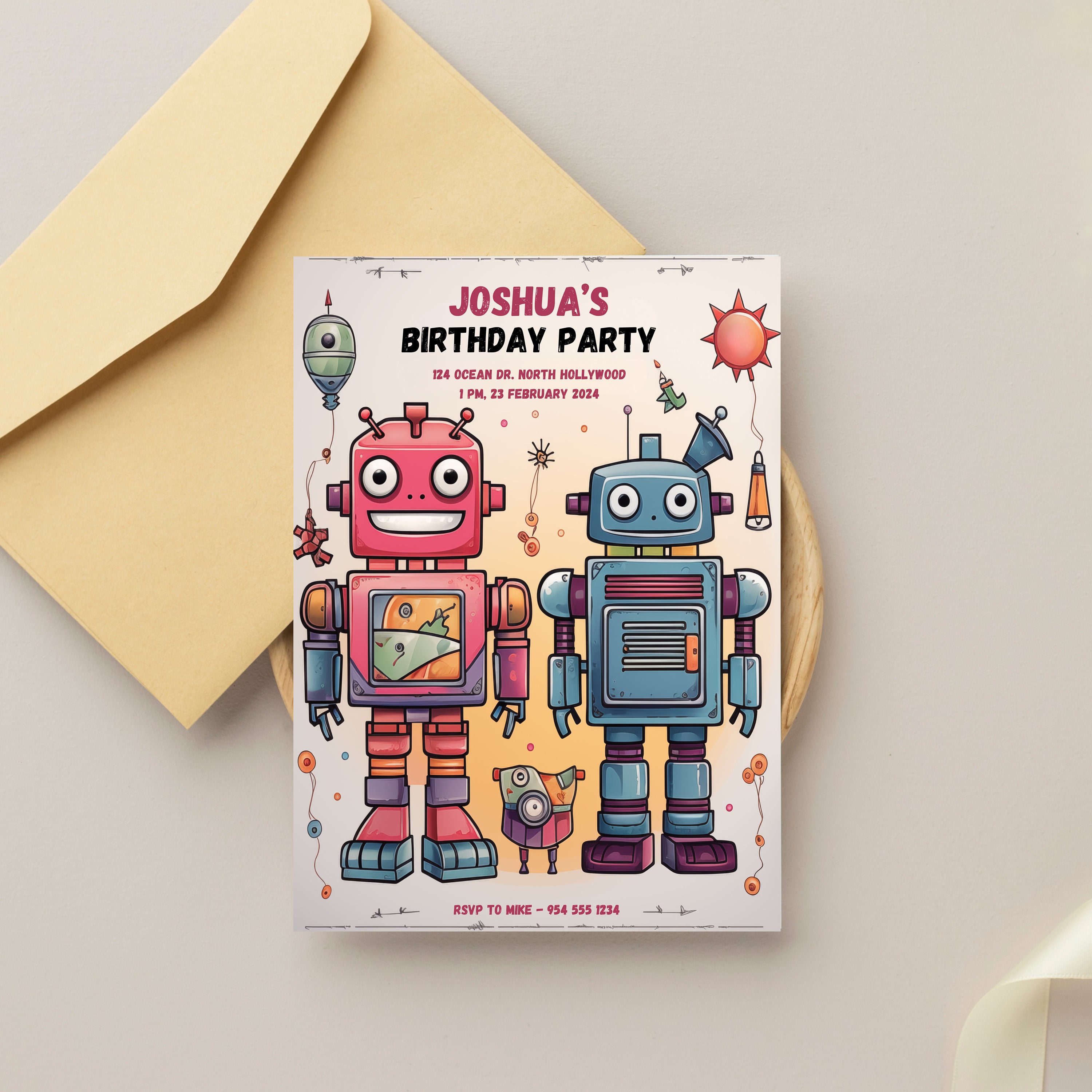 Editable Robot Birthday Invitation Template, Customisable Kids Party ...