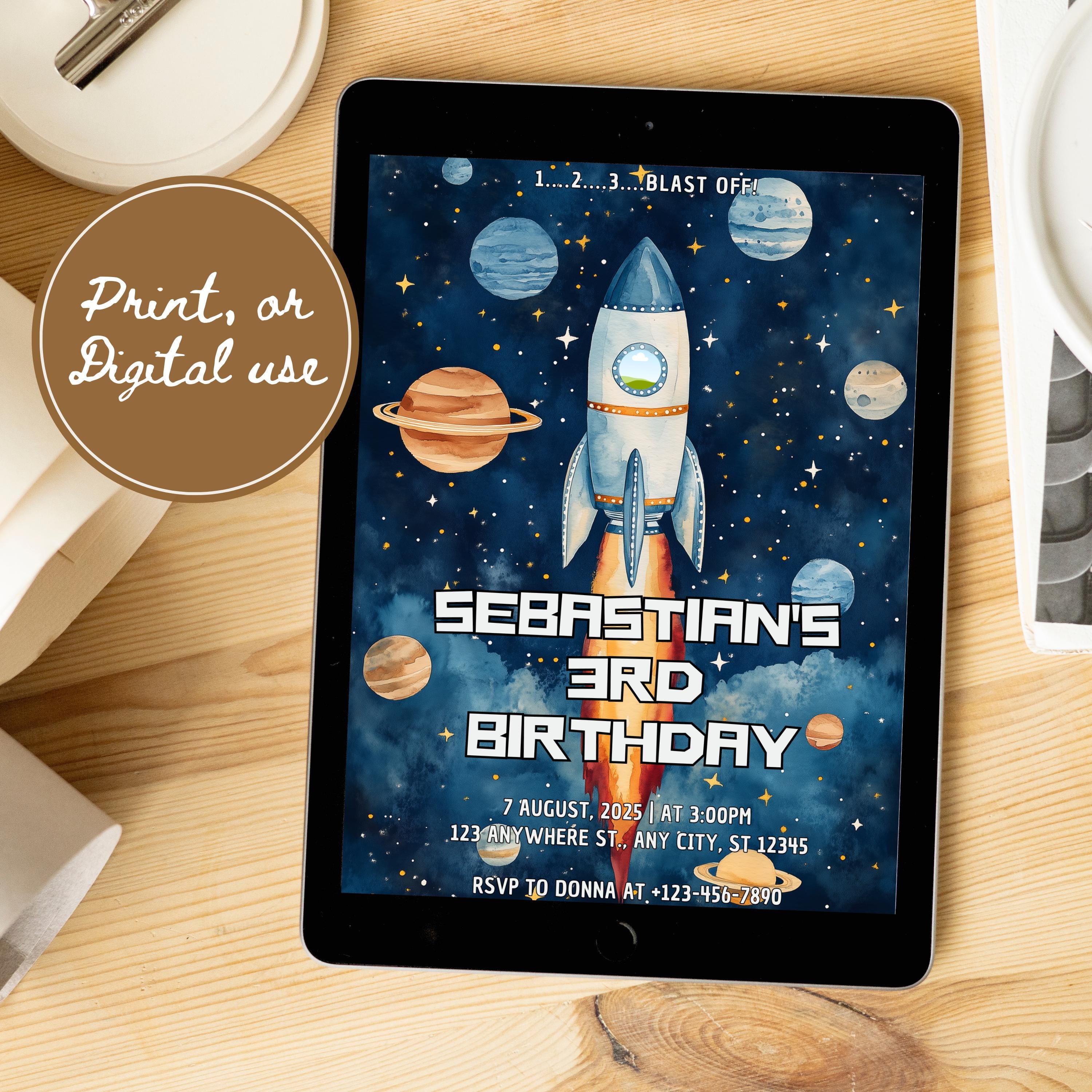 Rocket Inviation Rocket Birthday Invitation: Watercolor Galaxy Space Party (editable ...