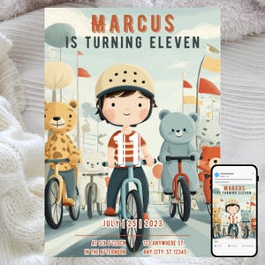May include: An illustrated birthday invitation featuring a boy on a bicycle, surrounded by animal characters on bikes. The text reads "MARCUS IS TURNING ELEVEN" with the date "JULY 25 2023" and event details. A smaller version of the invitation is displayed on a smartphone.