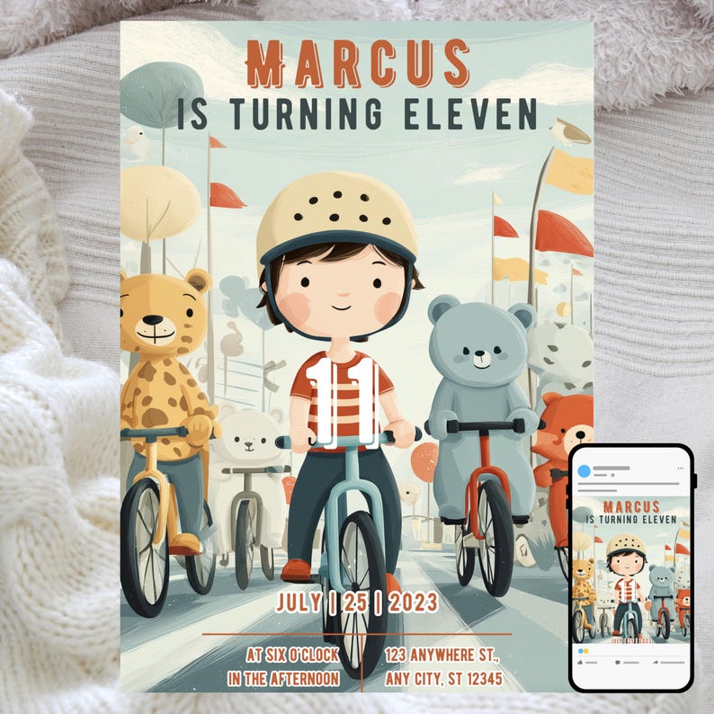 May include: An illustrated birthday invitation featuring a boy on a bicycle, surrounded by animal characters on bikes. The text reads "MARCUS IS TURNING ELEVEN" with the date "JULY 25 2023" and event details. A smaller version of the invitation is displayed on a smartphone.