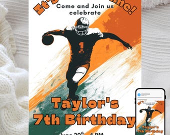 May include: An invitation with a football theme. The design features a football player in action, with orange and green stripes in the background. Text includes "It's Game Time!" and "Taylor's 7th Birthday".