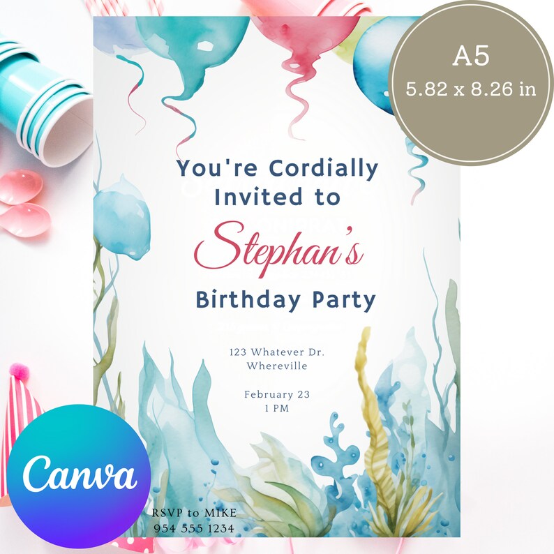 Ocean Theme Birthday Invite, Under The Sea Birthday Invitation,  Watercolor Ocean Animals, Watercolor Sea Décor,  Instant Download