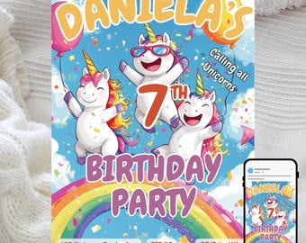 Rainbow Unicorn Birthday Party Invitation: Editable Template (Digital Download)