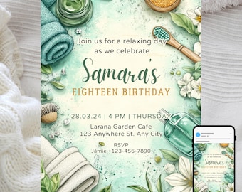 Spa Birthday Invitation: Botanical Wellness Party (Editable Digital Invite)