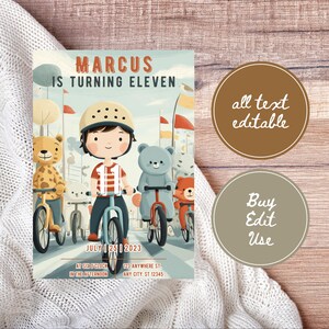 May include: An invitation design for an eleventh birthday party. The illustration features a boy on a bicycle with bear friends. Text includes "Marcus is turning eleven" and event details. Two circular design elements read "all text editable" and "Buy Edit Use".