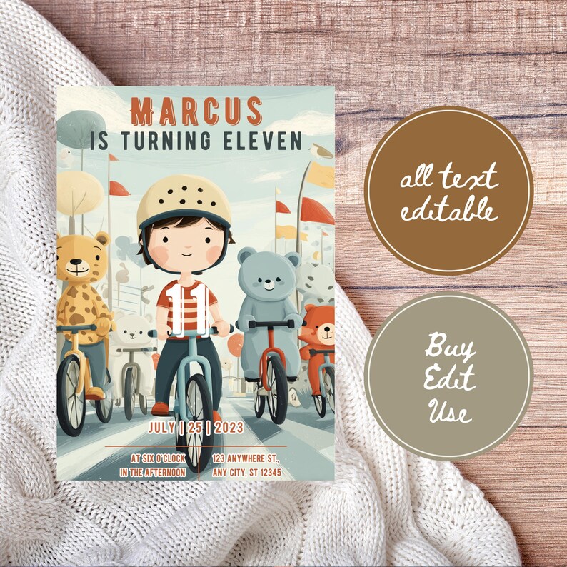 May include: An invitation design for an eleventh birthday party. The illustration features a boy on a bicycle with bear friends. Text includes "Marcus is turning eleven" and event details. Two circular design elements read "all text editable" and "Buy Edit Use".