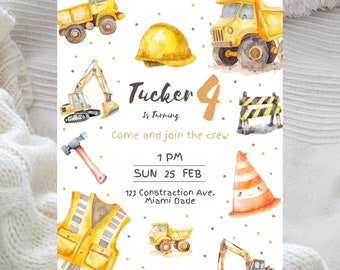 Construction Birthday Invitation, Editable Excavator Birthday Party, Construction Truck Birthday Invite, Printable Template Instant Download