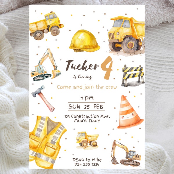 Construction Birthday Invitation, Editable Excavator Birthday Party, Construction Truck Birthday Invite, Printable Template Instant Download
