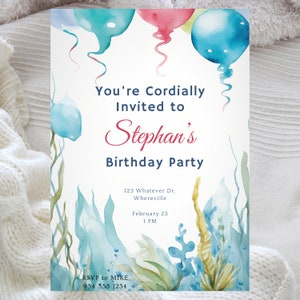 Ocean Theme Birthday Invite, Under The Sea Birthday Invitation,  Watercolor Ocean Animals, Watercolor Sea Décor,  Instant Download
