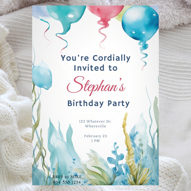 Ocean Theme Birthday Invite, Under The Sea Birthday Invitation,  Watercolor Ocean Animals, Watercolor Sea Décor,  Instant Download