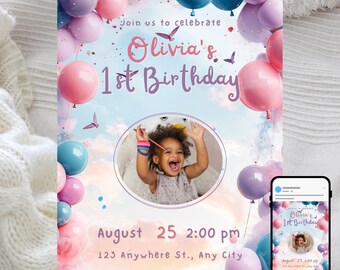 Convite de aniversário com balão editável: primeiro aniversário de menina (download digital)