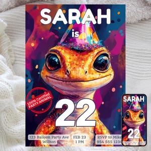 Uitnodiging gekko hagedis, feest dierenviering, leuk verjaardagsfeestje voor alle leeftijden, bewerkbare digitale sjabloon, kleurrijk en speels ontwerp