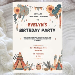 Invitación de cumpleaños boho editable, invitación imprimible en colores neutros, plantilla de invitación de cumpleaños para niñas divertidas, plantilla digital Canva