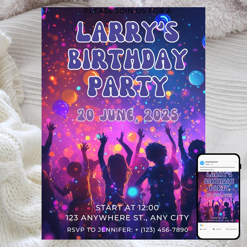 Neon Glow Dance Birthday Invitation: Editable Light Party Template ...