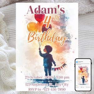 Invitación de cumpleaños para niño, plantilla editable para fiesta con globos, diseño de niño y banderines en acuarela, invitación para celebración en tonos otoñales.