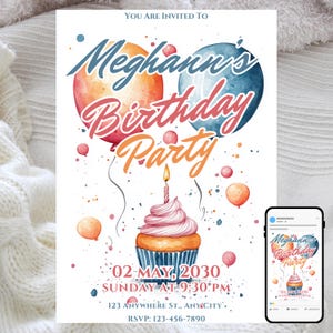 Invitación de cumpleaños con cupcakes, plantilla editable para fiesta, diseño de globos y velas de acuarela, linda tarjeta de celebración, descarga instantánea