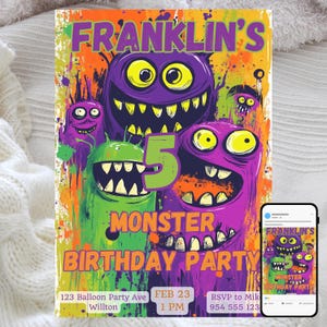 Convite de aniversário de monstro, tema Monster Mash Bash, festa infantil divertida e assustadora, modelo digital editável, convite para download instantâneo
