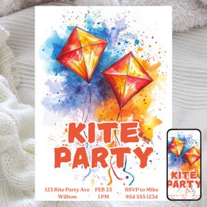 Puede incluir: Una invitación colorida para una fiesta de cometas con un fondo de acuarela que presenta dos cometas. El texto dice "Kite Party" con la fecha y la hora del evento, la ubicación y la información de RSVP.