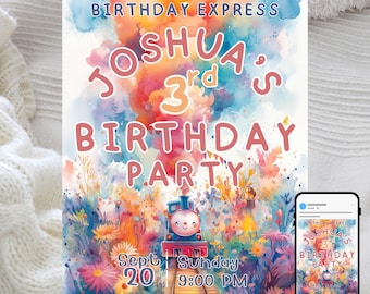 Train Birthday Party Invitation: Watercolor Railway Theme (Editable Template)
