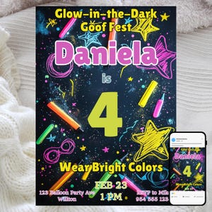 Convite de aniversário que brilha no escuro, festa infantil, modelo digital editável, cores neon brilhantes, design de celebração divertido e animado