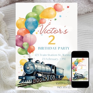Plantilla de invitación de cumpleaños con temática de tren, Invitación de cumpleaños de tren, Invitación de cumpleaños del motor, Invitación de cumpleaños de tren, Descarga digital. Canva
